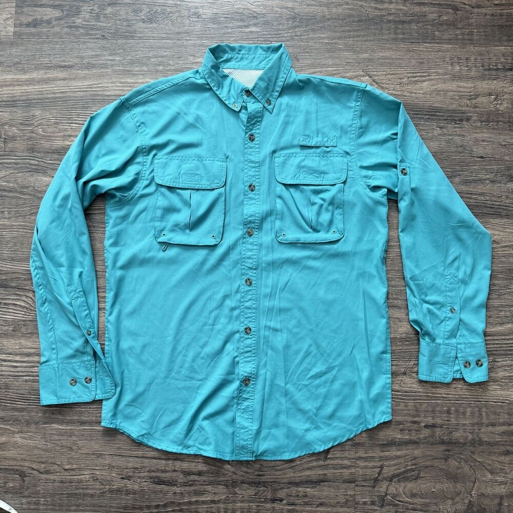 Bass Pro Shops Mens L Fishing Guide Vented Long Sleeve Shirt Aqua Check - NO TAG